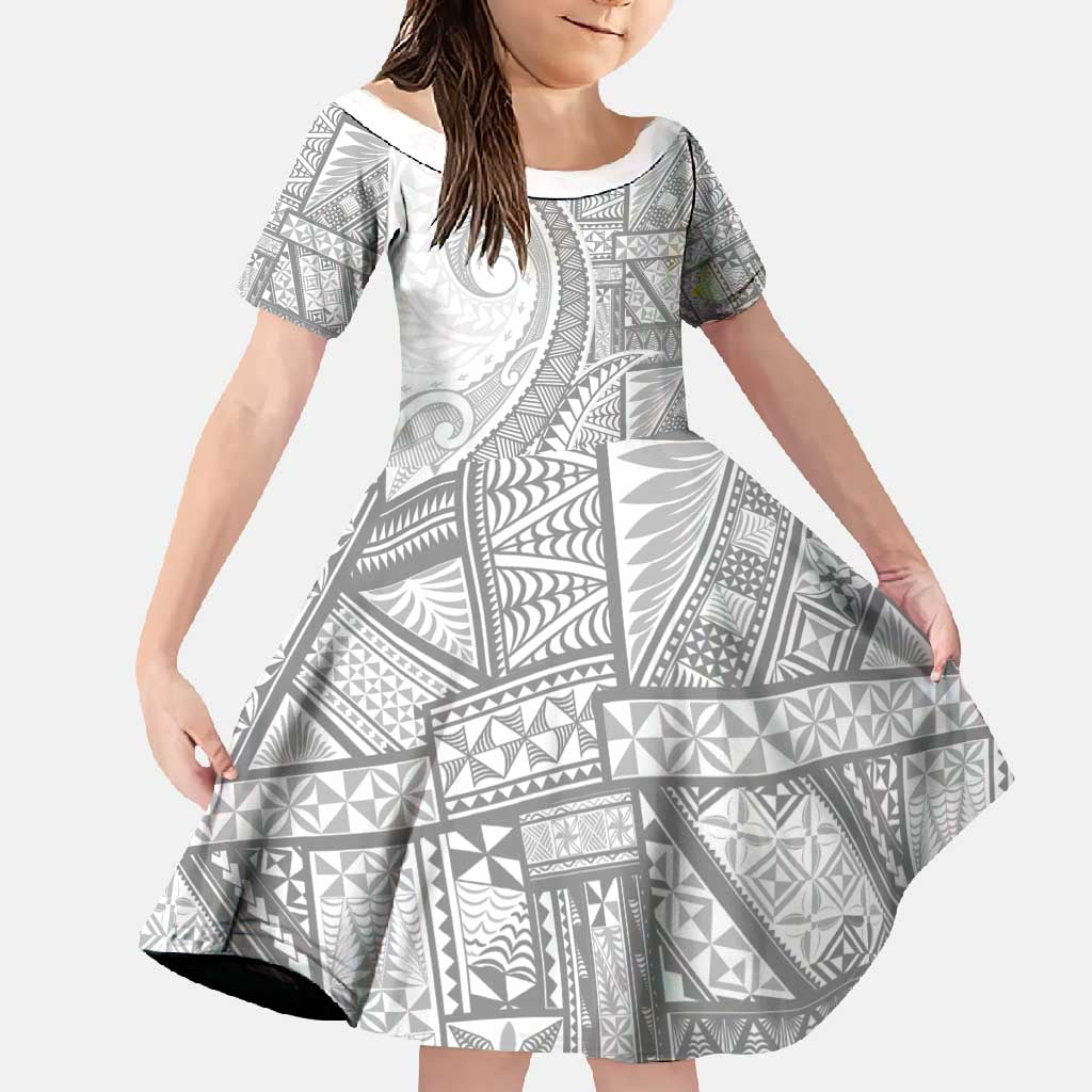 Tonga White Sunday Family Matching Off Shoulder Maxi Dress and Hawaiian Shirt Lotu Tamaiti Ngatu Tribal LT9 Daughter's Dress White - Polynesian Pride