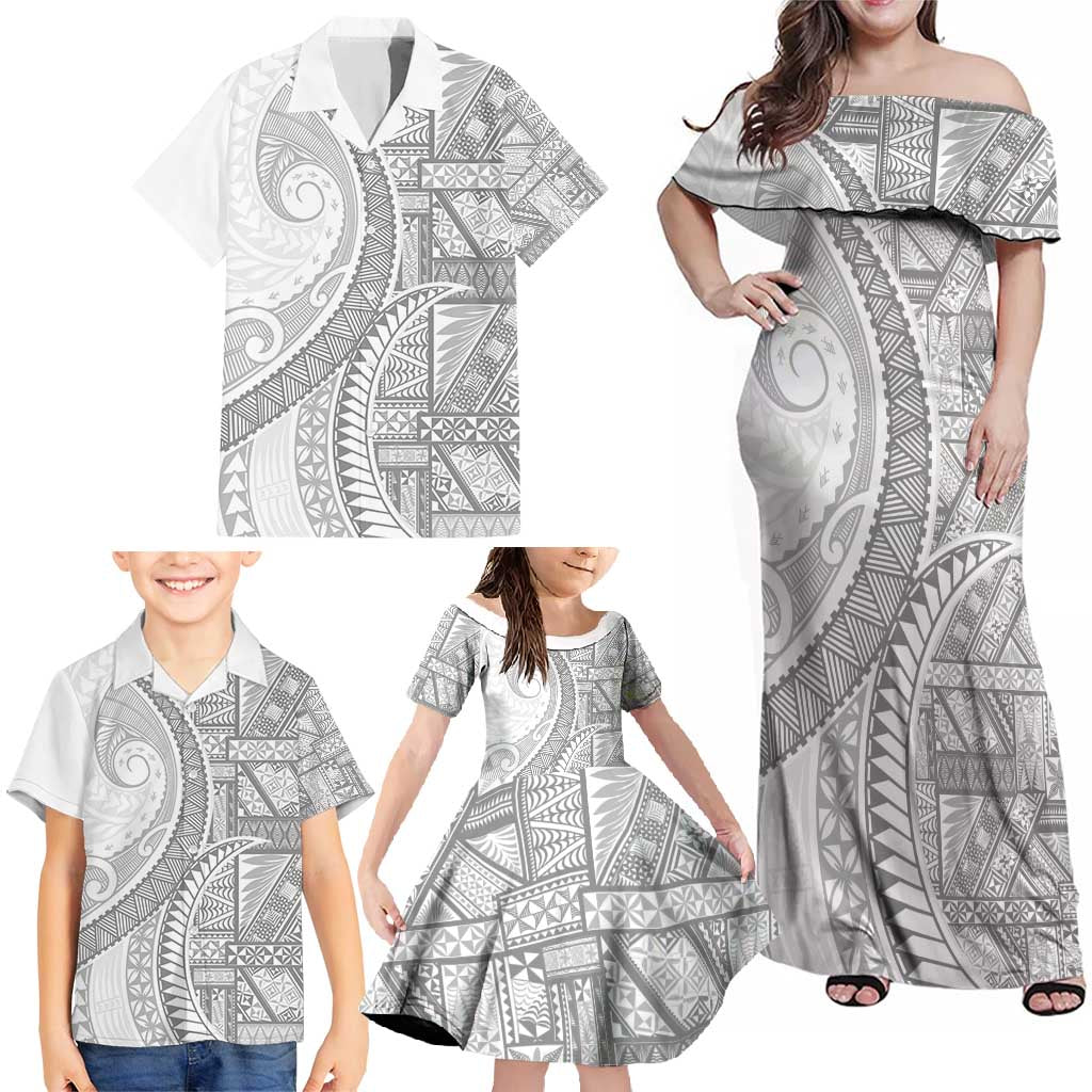 Tonga White Sunday Family Matching Off Shoulder Maxi Dress and Hawaiian Shirt Lotu Tamaiti Ngatu Tribal LT9 - Polynesian Pride