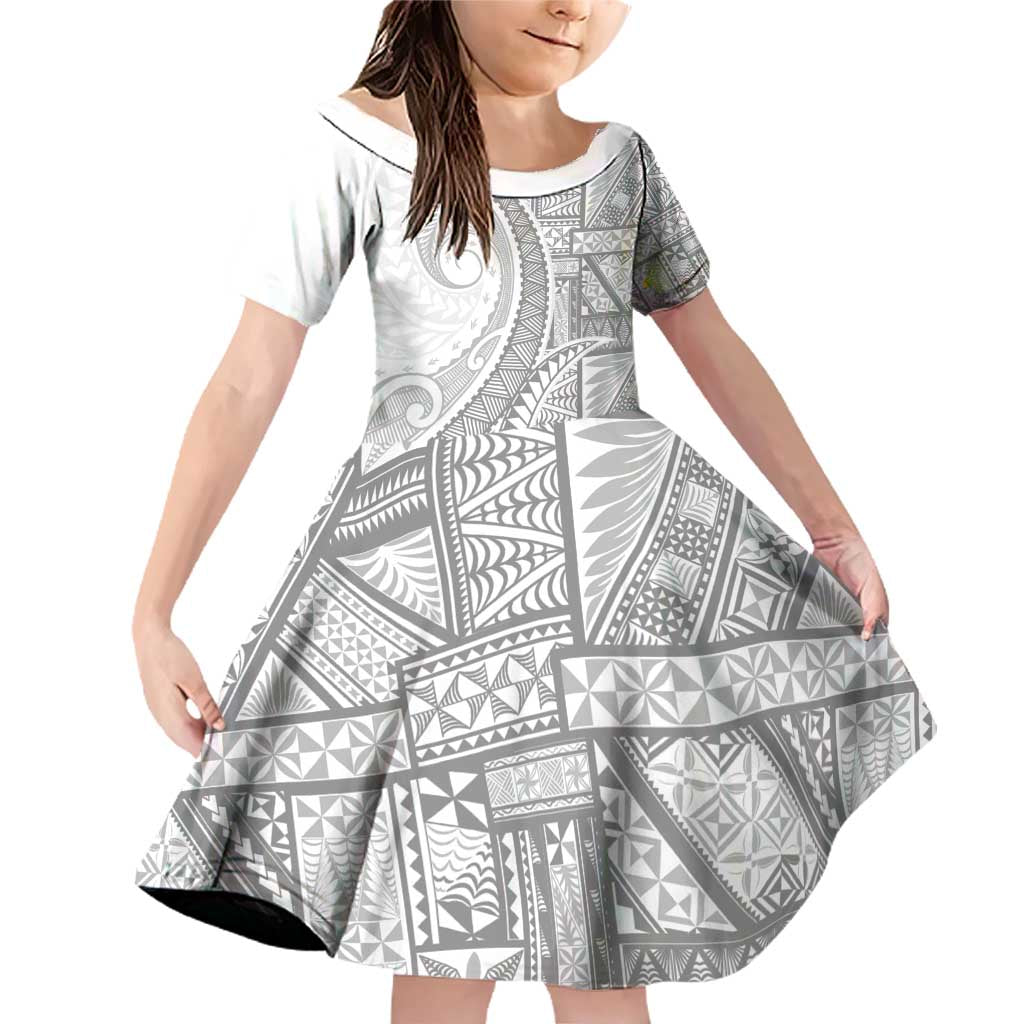 Tonga White Sunday Family Matching Off Shoulder Short Dress and Hawaiian Shirt Lotu Tamaiti Ngatu Tribal LT9 Daughter's Dress White - Polynesian Pride