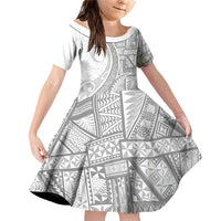 Tonga White Sunday Family Matching Off Shoulder Short Dress and Hawaiian Shirt Lotu Tamaiti Ngatu Tribal LT9 Daughter's Dress White - Polynesian Pride