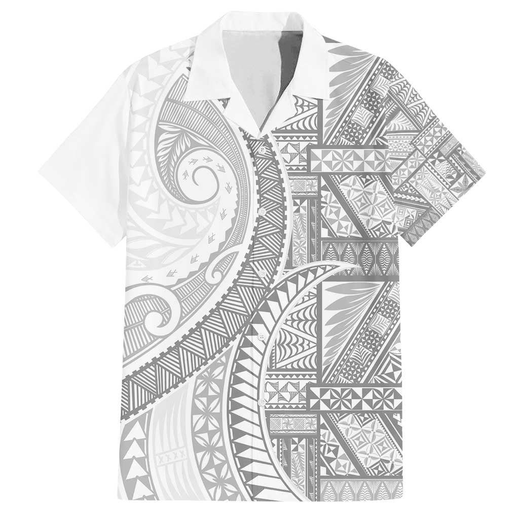 Tonga White Sunday Family Matching Off Shoulder Short Dress and Hawaiian Shirt Lotu Tamaiti Ngatu Tribal LT9 Dad's Shirt - Short Sleeve White - Polynesian Pride