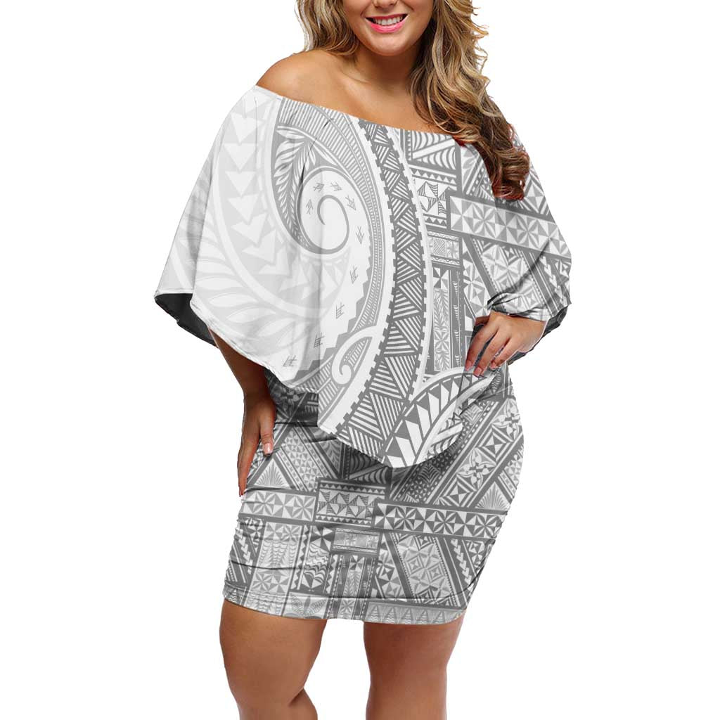 Tonga White Sunday Family Matching Off Shoulder Short Dress and Hawaiian Shirt Lotu Tamaiti Ngatu Tribal LT9 Mom's Dress White - Polynesian Pride