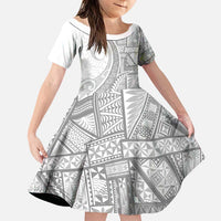 Tonga White Sunday Family Matching Puletasi and Hawaiian Shirt Lotu Tamaiti Ngatu Tribal LT9 Daughter's Dress White - Polynesian Pride