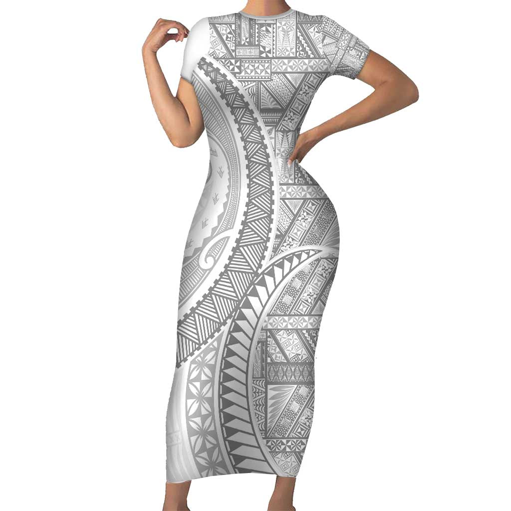 Tonga White Sunday Family Matching Short Sleeve Bodycon Dress and Hawaiian Shirt Lotu Tamaiti Ngatu Tribal LT9 Mom's Dress White - Polynesian Pride