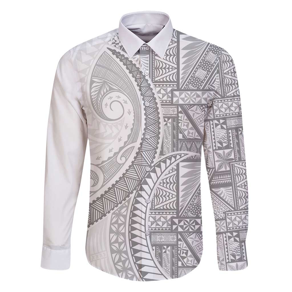 Tonga White Sunday Family Matching Summer Maxi Dress and Hawaiian Shirt Lotu Tamaiti Ngatu Tribal LT9 Dad's Shirt - Long Sleeve White - Polynesian Pride