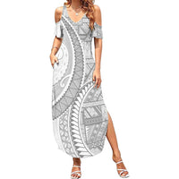 Tonga White Sunday Family Matching Summer Maxi Dress and Hawaiian Shirt Lotu Tamaiti Ngatu Tribal LT9 Mom's Dress White - Polynesian Pride