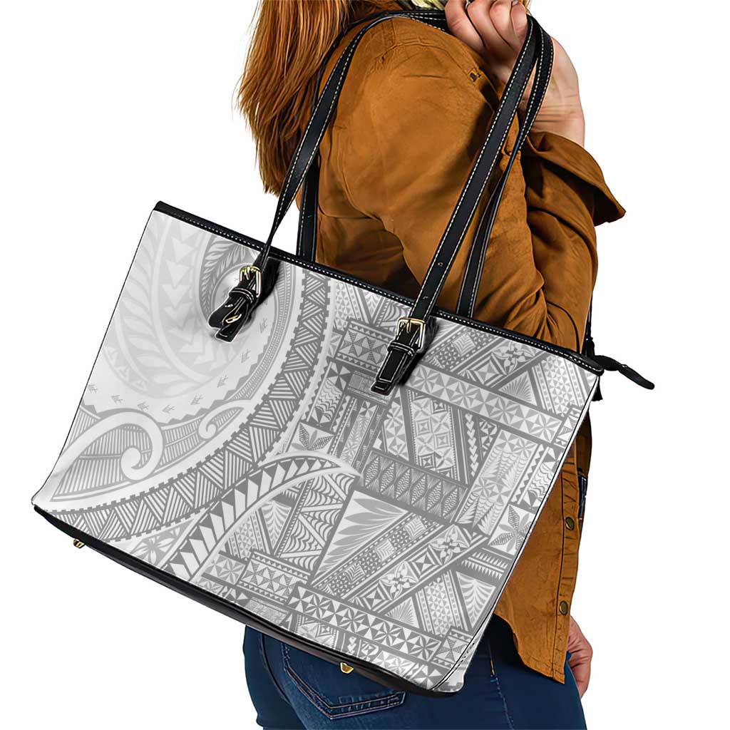 Tonga White Sunday Leather Tote Bag Lotu Tamaiti Ngatu Tribal - Polynesian Pride