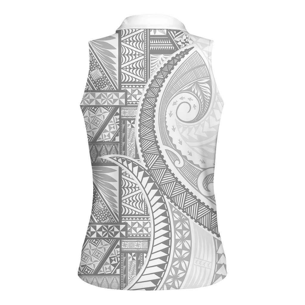 Tonga White Sunday Women Sleeveless Polo Shirt Lotu Tamaiti Ngatu Tribal LT9 - Polynesian Pride