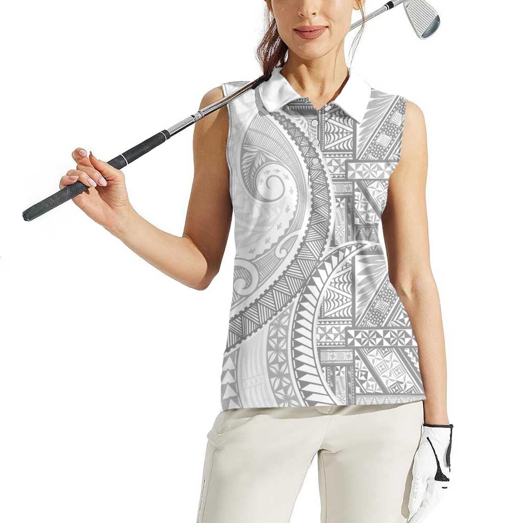 Tonga White Sunday Women Sleeveless Polo Shirt Lotu Tamaiti Ngatu Tribal LT9 - Polynesian Pride