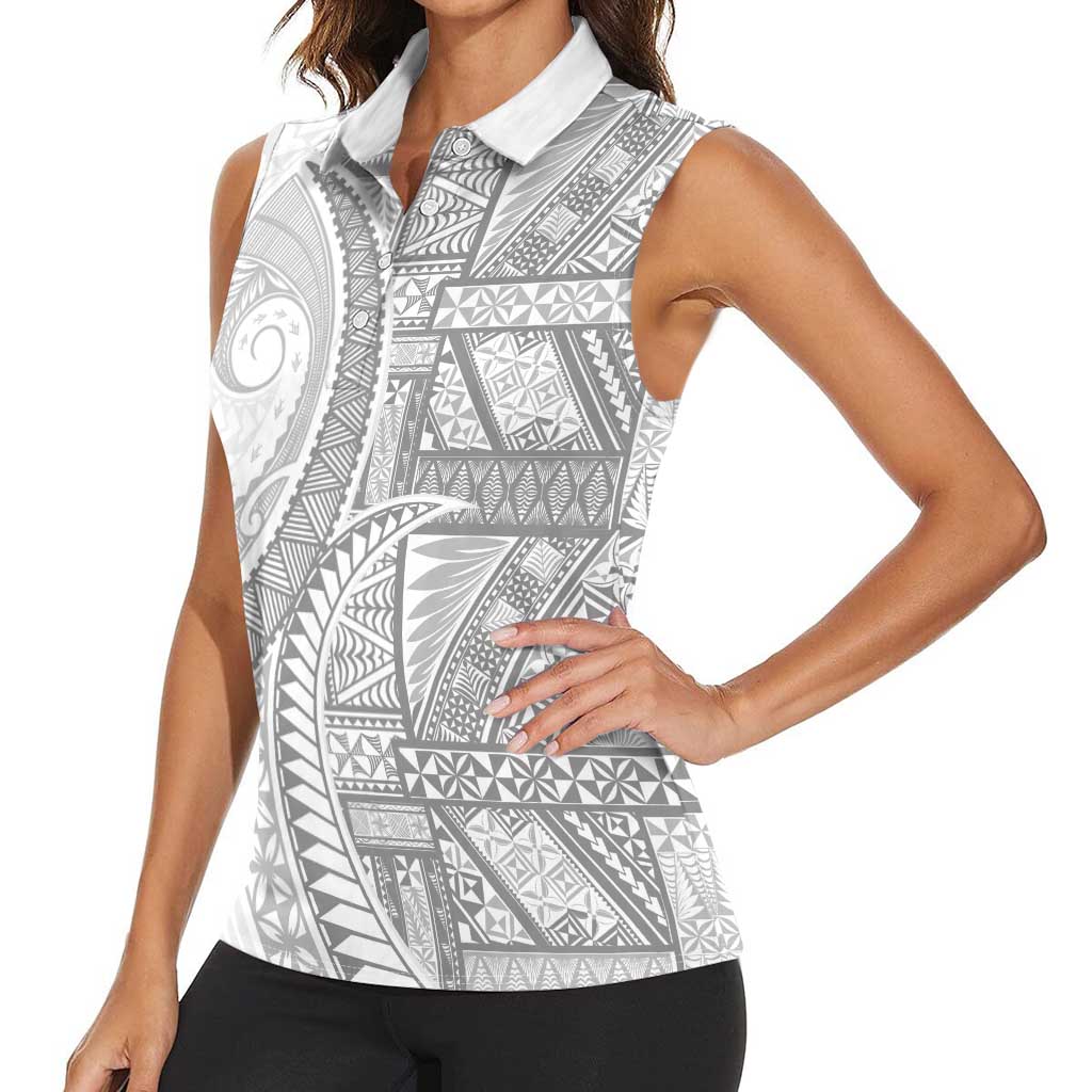 Tonga White Sunday Women Sleeveless Polo Shirt Lotu Tamaiti Ngatu Tribal LT9 - Polynesian Pride