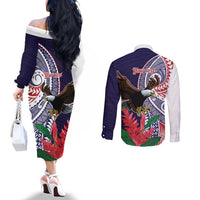 American Samoa Bald Eagle Personalized Couples Matching Off The Shoulder Long Sleeve Dress and Long Sleeve Button Shirt Polynesian Teuila Flowers LT9 - Polynesian Pride