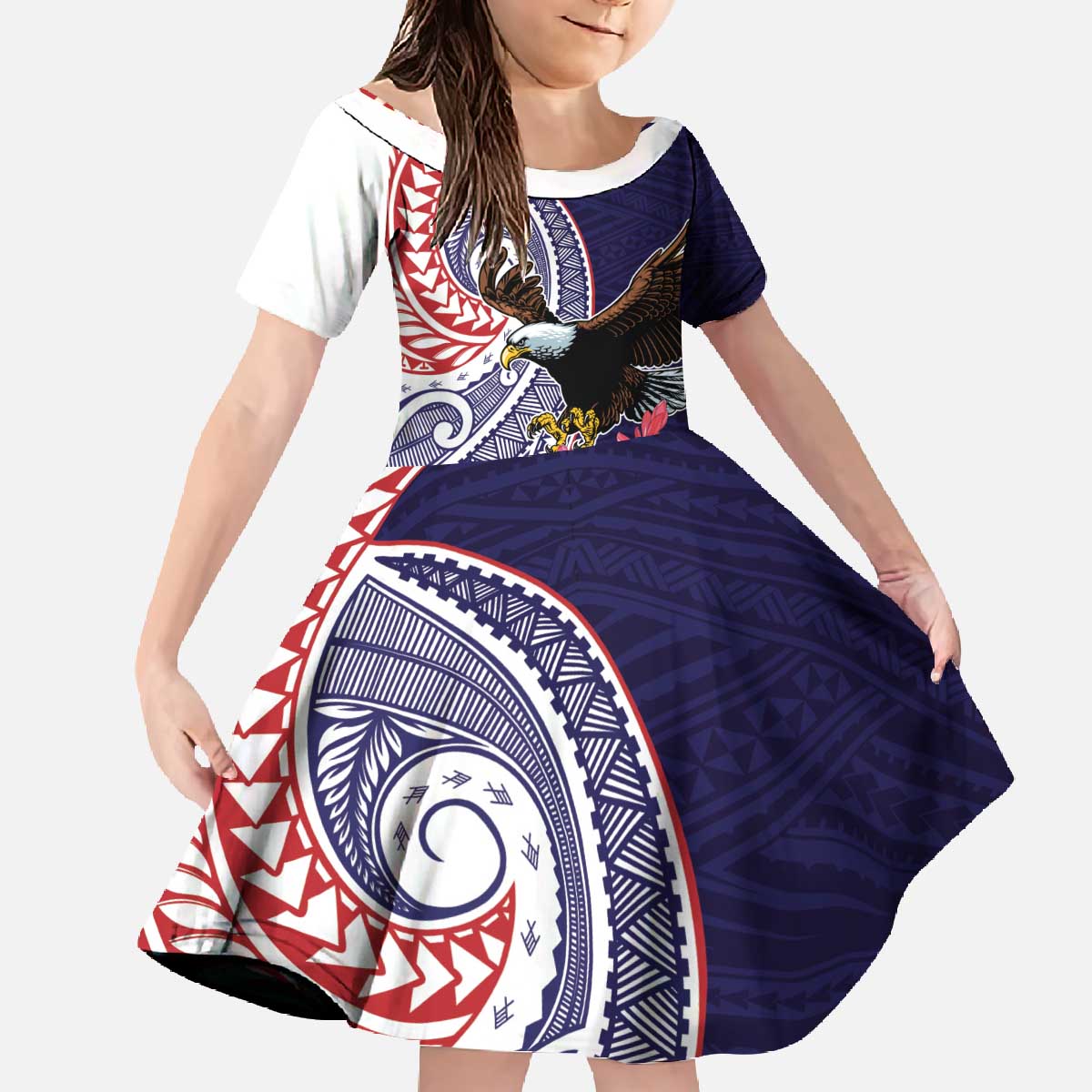 American Samoa Bald Eagle Personalized Family Matching Off The Shoulder Long Sleeve Dress and Hawaiian Shirt Polynesian Teuila Flowers - Polynesian Pride
