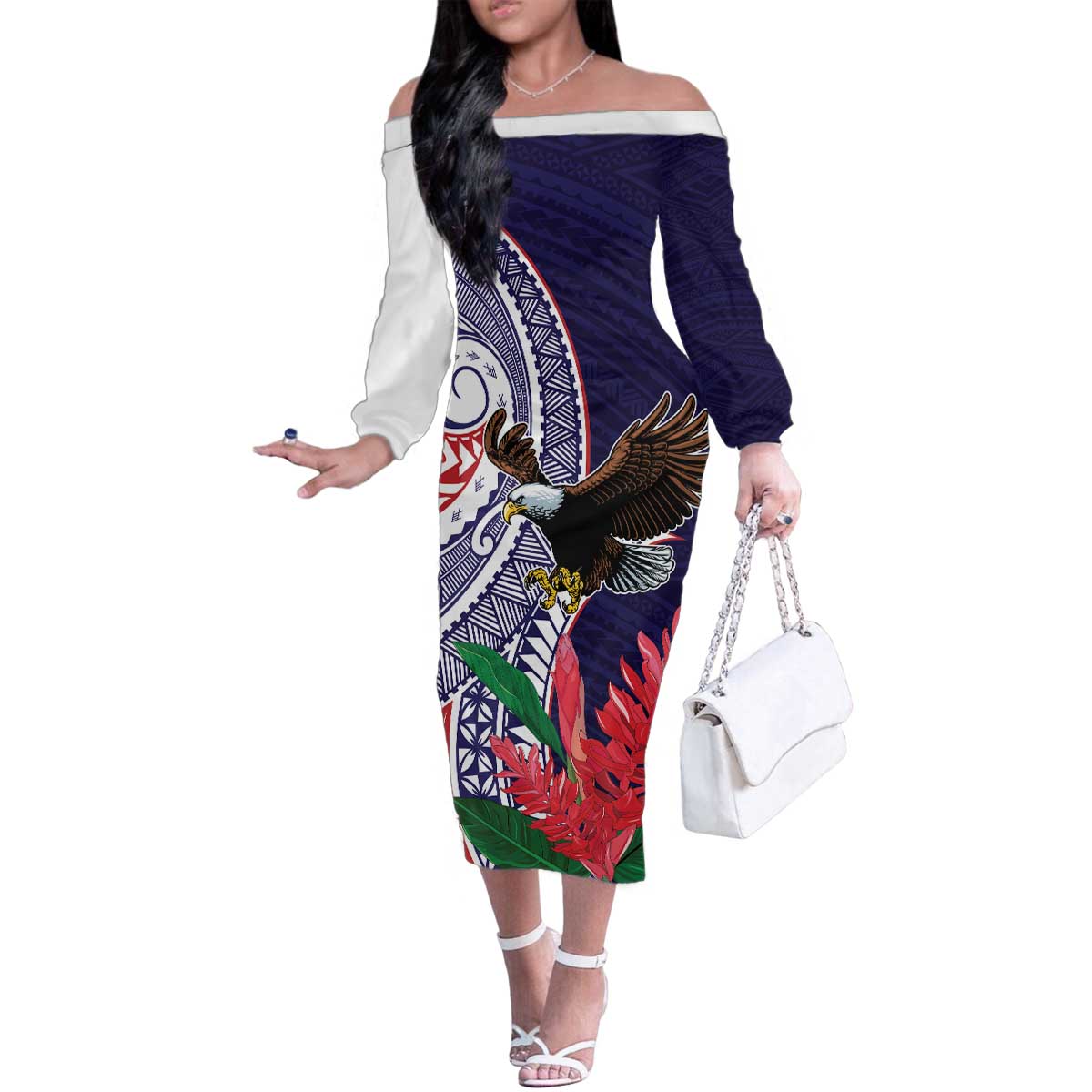 American Samoa Bald Eagle Personalized Family Matching Off The Shoulder Long Sleeve Dress and Hawaiian Shirt Polynesian Teuila Flowers - Polynesian Pride