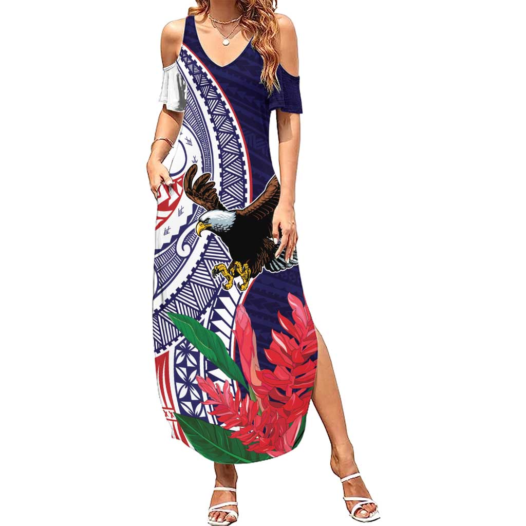 American Samoa Bald Eagle Personalized Family Matching Summer Maxi Dress and Hawaiian Shirt Polynesian Teuila Flowers - Polynesian Pride