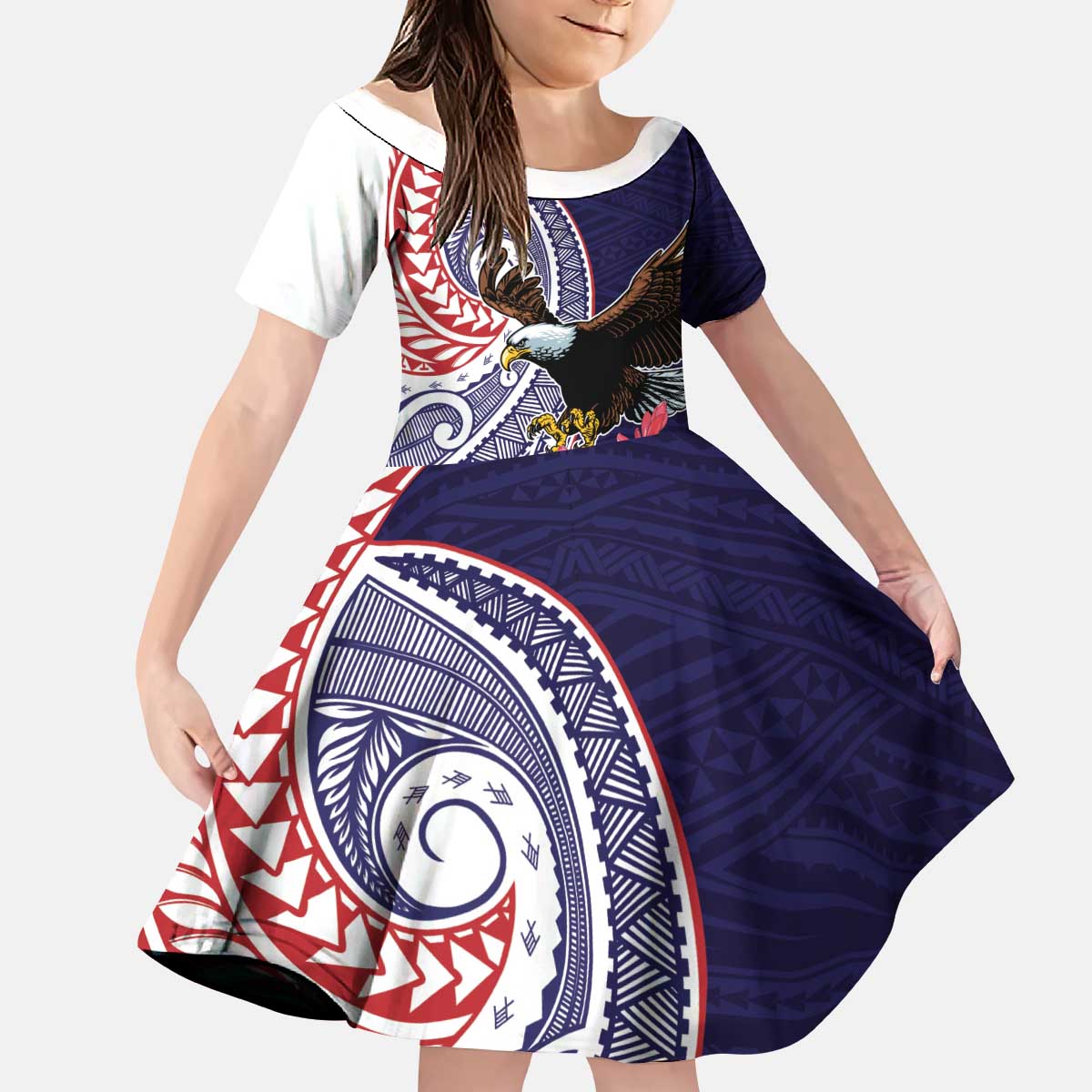 American Samoa Bald Eagle Personalized Kid Short Sleeve Dress Polynesian Teuila Flowers - Polynesian Pride