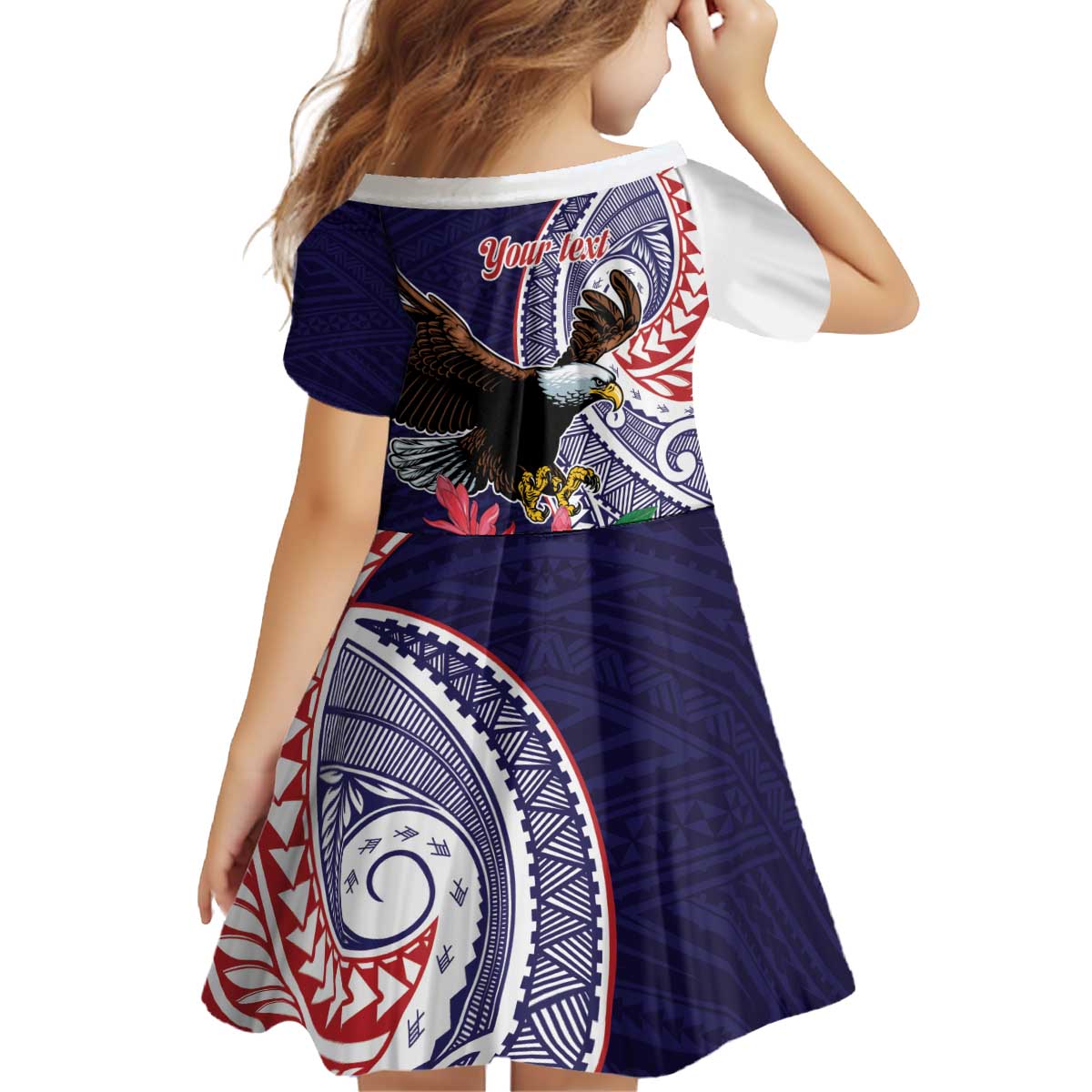 American Samoa Bald Eagle Personalized Kid Short Sleeve Dress Polynesian Teuila Flowers - Polynesian Pride