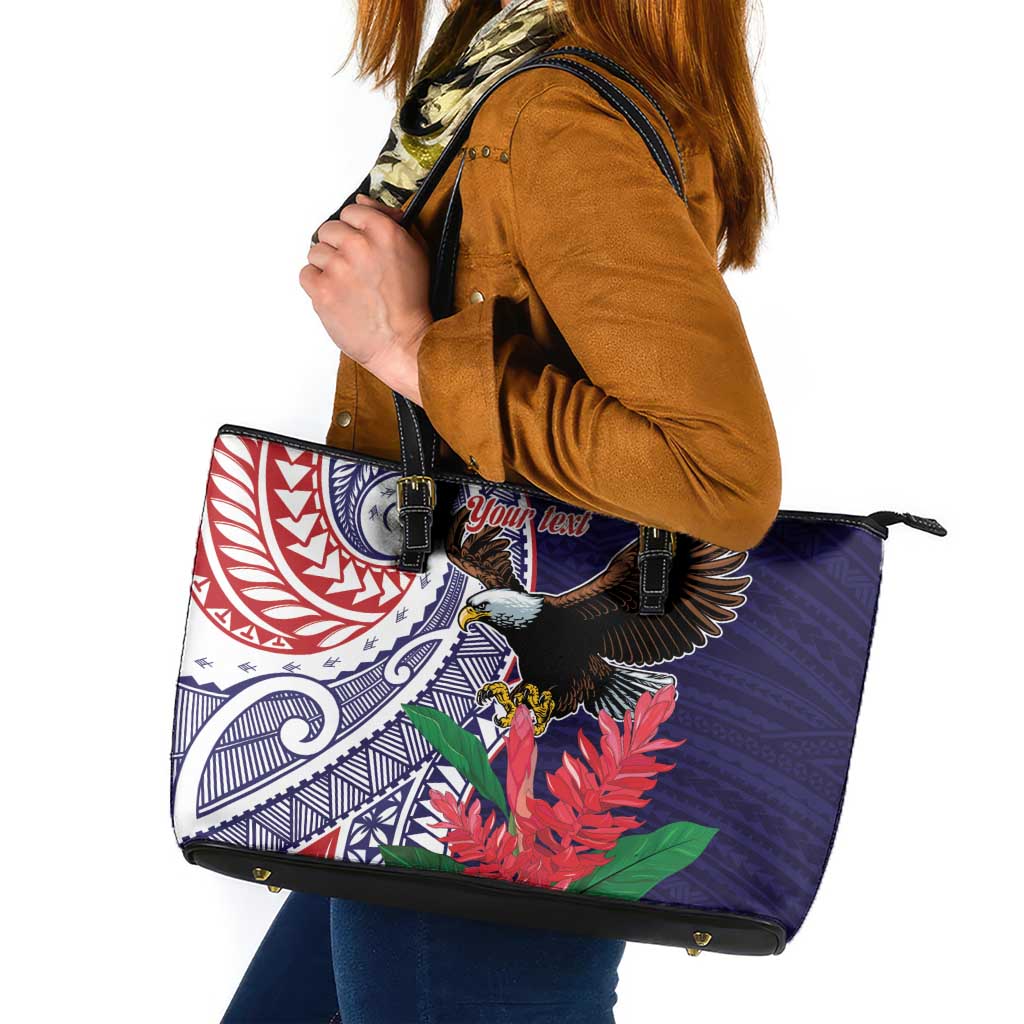 American Samoa Bald Eagle Personalized Leather Tote Bag Polynesian Teuila Flowers - Polynesian Pride