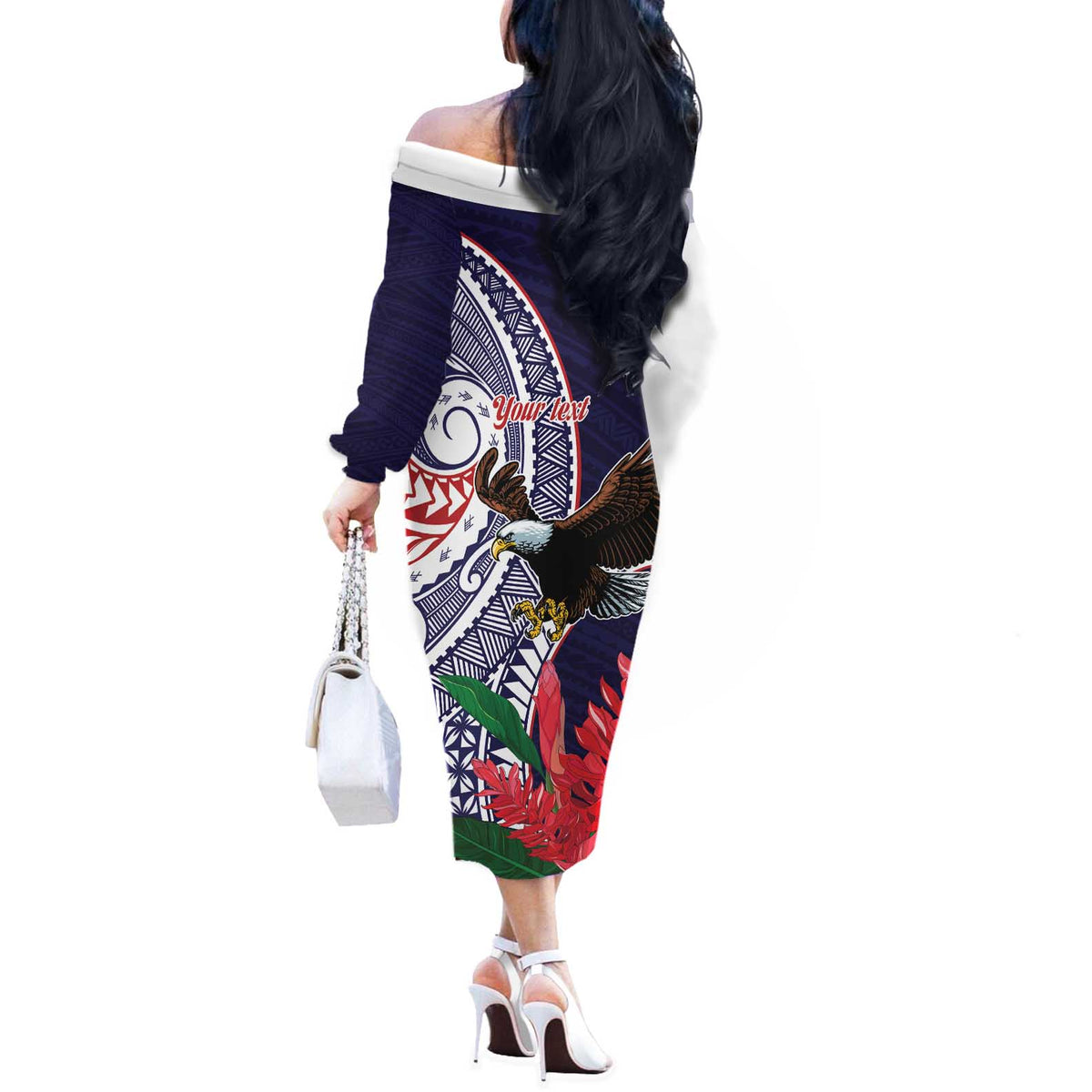 American Samoa Bald Eagle Personalized Off The Shoulder Long Sleeve Dress Polynesian Teuila Flowers - Polynesian Pride