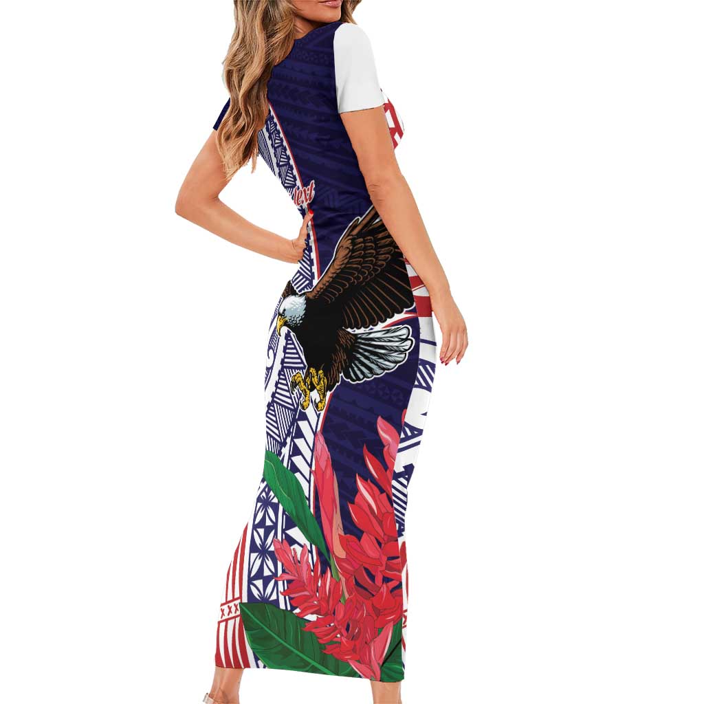American Samoa Bald Eagle Personalized Short Sleeve Bodycon Dress Polynesian Teuila Flowers - Polynesian Pride