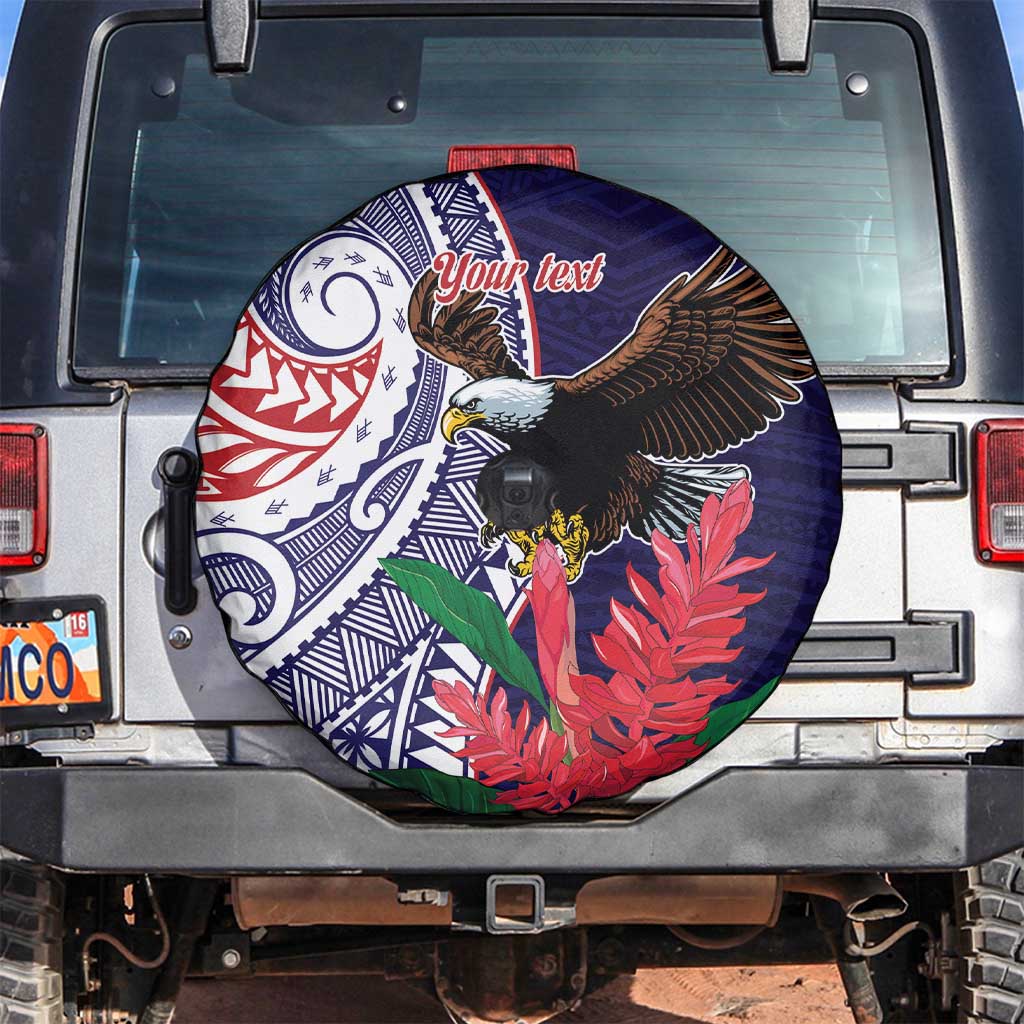 American Samoa Bald Eagle Personalized Spare Tire Cover Polynesian Teuila Flowers - Polynesian Pride