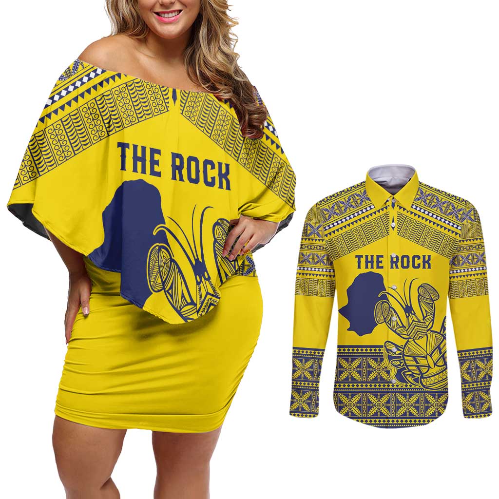 Niue Crab Personalised Couples Matching Off Shoulder Short Dress and Long Sleeve Button Shirt Niuean Hiapo Pattern - Polynesian Pride