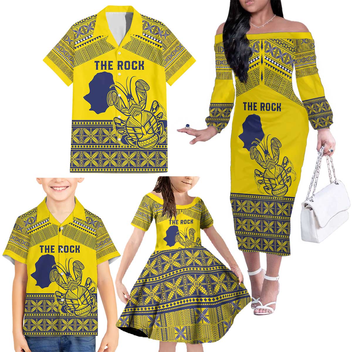 Niue Crab Personalised Family Matching Off The Shoulder Long Sleeve Dress and Hawaiian Shirt Niuean Hiapo Pattern LT9 - Polynesian Pride