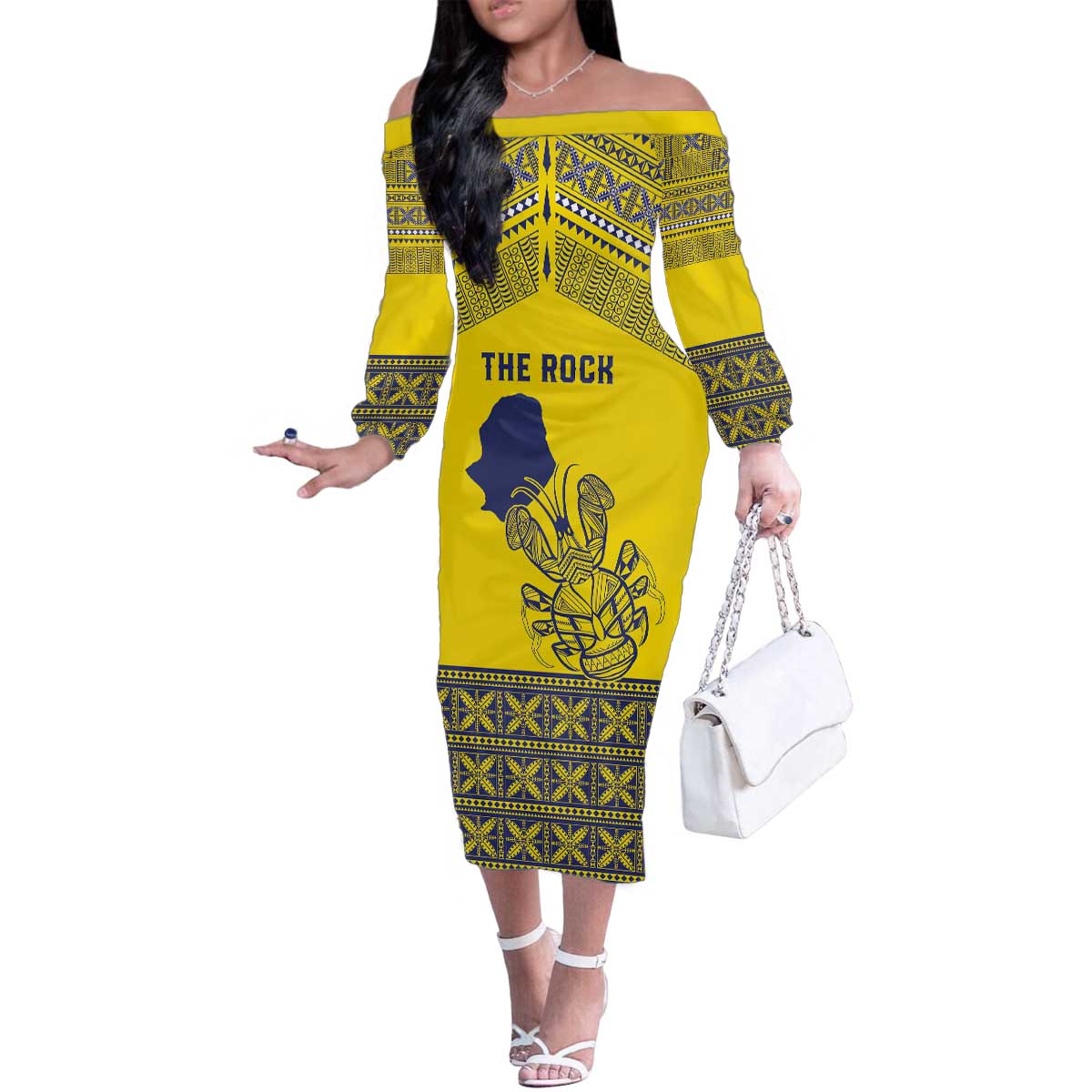 Niue Crab Personalised Family Matching Off The Shoulder Long Sleeve Dress and Hawaiian Shirt Niuean Hiapo Pattern LT9 Mom's Dress Gold - Polynesian Pride