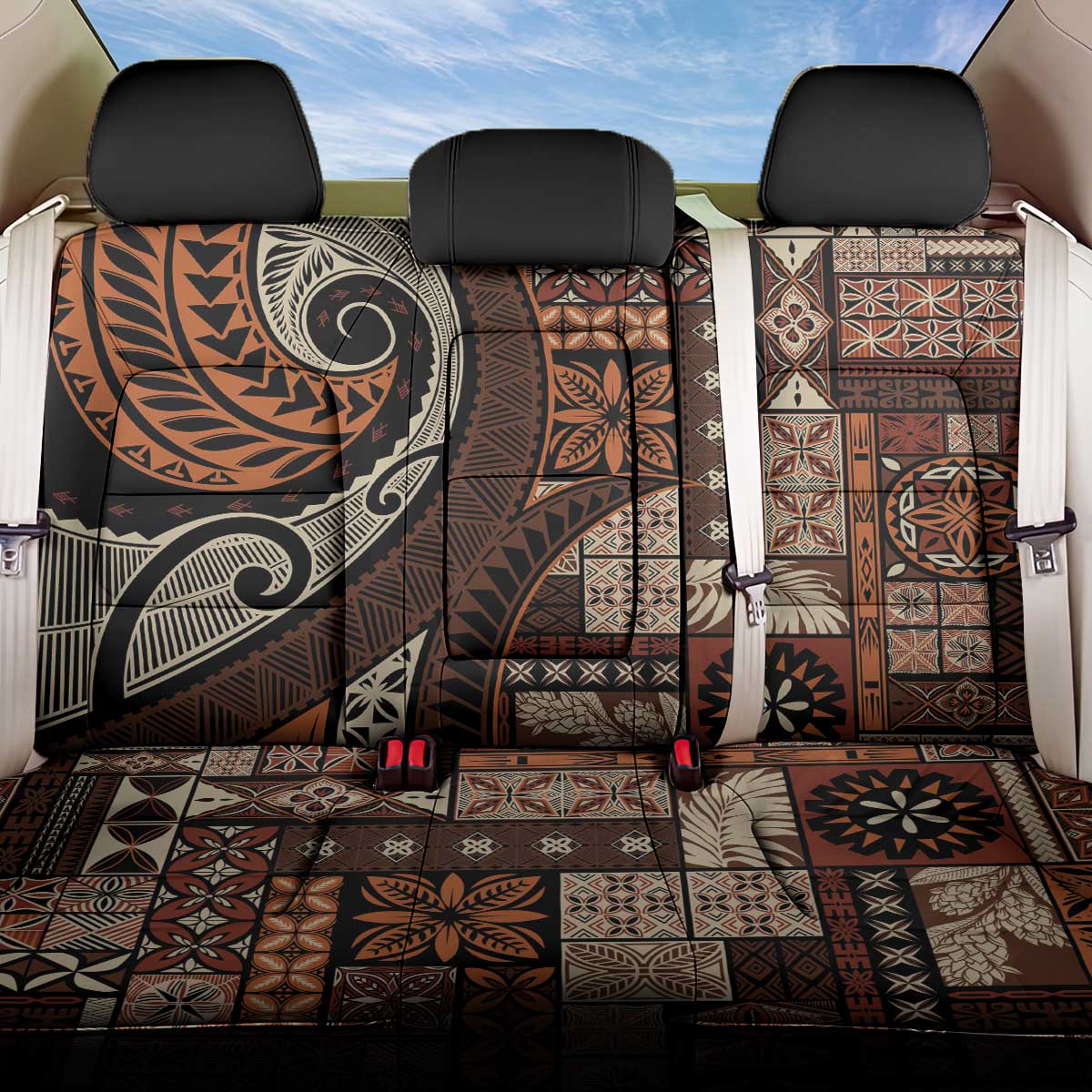 Vintage Samoa Siapo Mamanu Back Car Seat Cover Brown Samoan Tapa Motif - Polynesian Pride