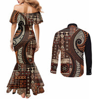 Vintage Samoa Siapo Mamanu Couples Matching Mermaid Dress and Long Sleeve Button Shirt Brown Samoan Tapa Motif - Polynesian Pride