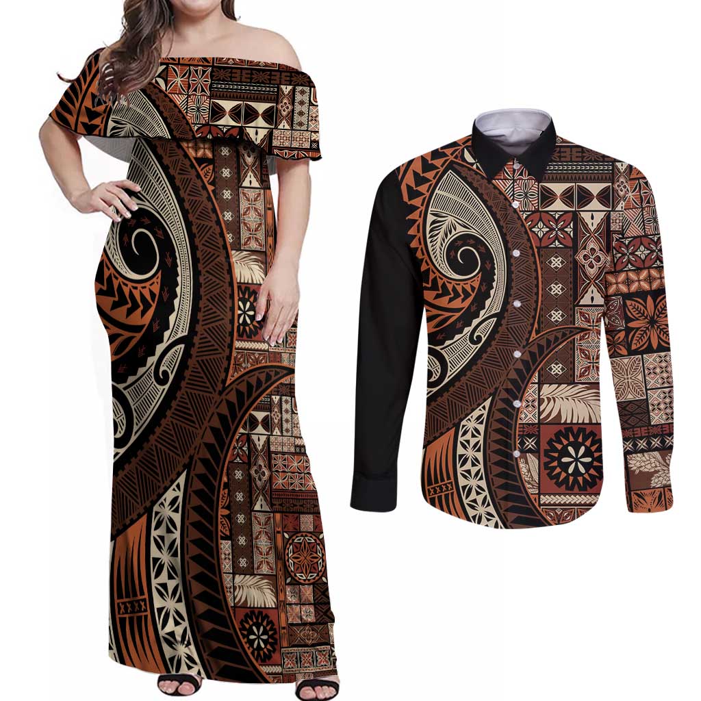 Vintage Samoa Siapo Mamanu Couples Matching Off Shoulder Maxi Dress and Long Sleeve Button Shirt Brown Samoan Tapa Motif - Polynesian Pride