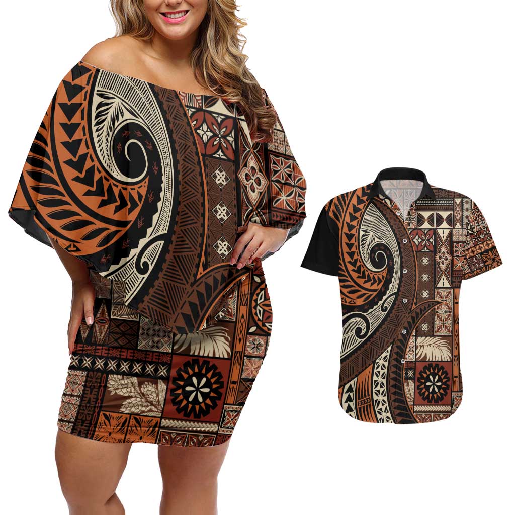 Vintage Samoa Siapo Mamanu Couples Matching Off Shoulder Short Dress and Hawaiian Shirt Brown Samoan Tapa Motif - Polynesian Pride
