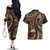 Vintage Samoa Siapo Mamanu Couples Matching Off The Shoulder Long Sleeve Dress and Hawaiian Shirt Brown Samoan Tapa Motif - Polynesian Pride