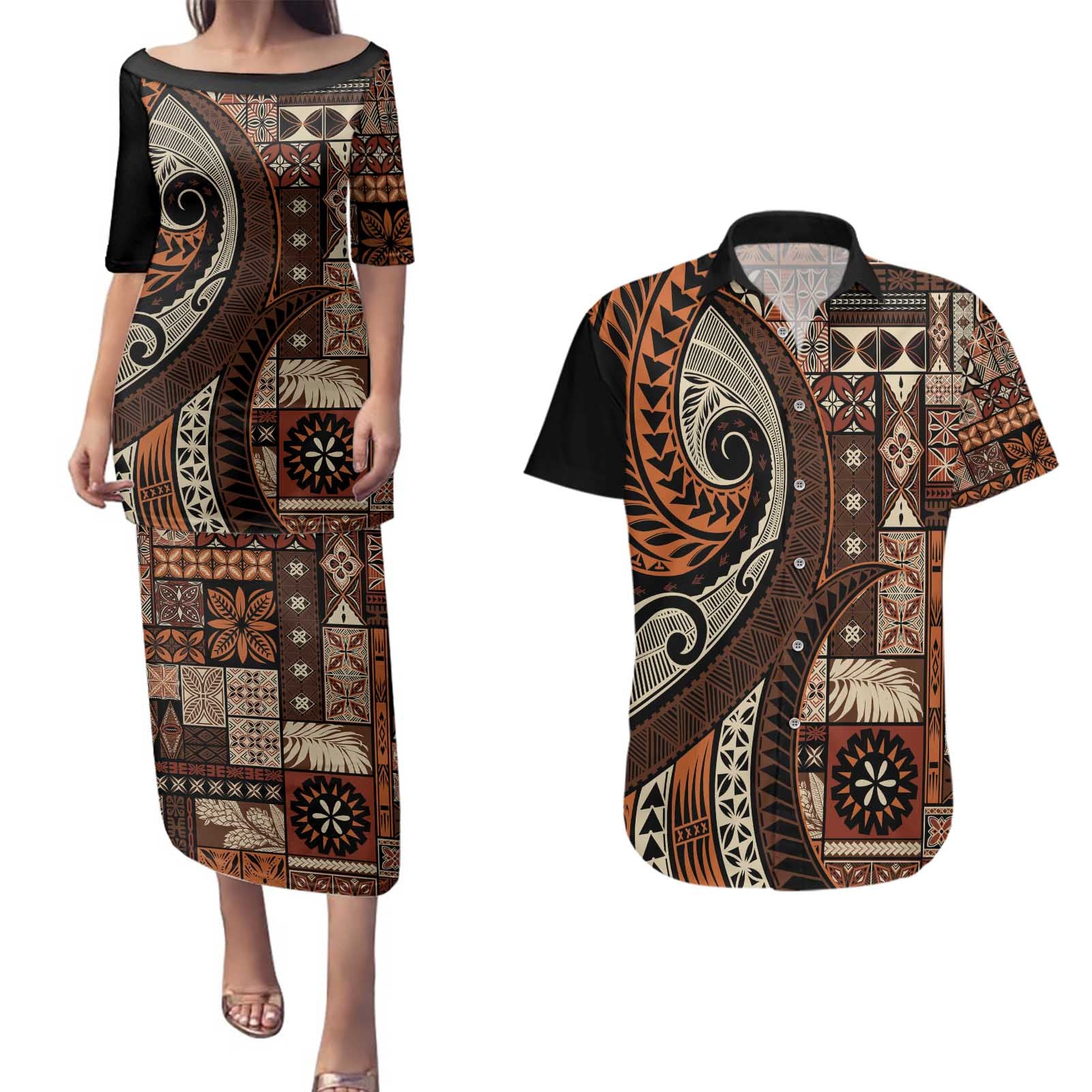 Vintage Samoa Siapo Mamanu Couples Matching Puletasi and Hawaiian Shirt Brown Samoan Tapa Motif - Polynesian Pride