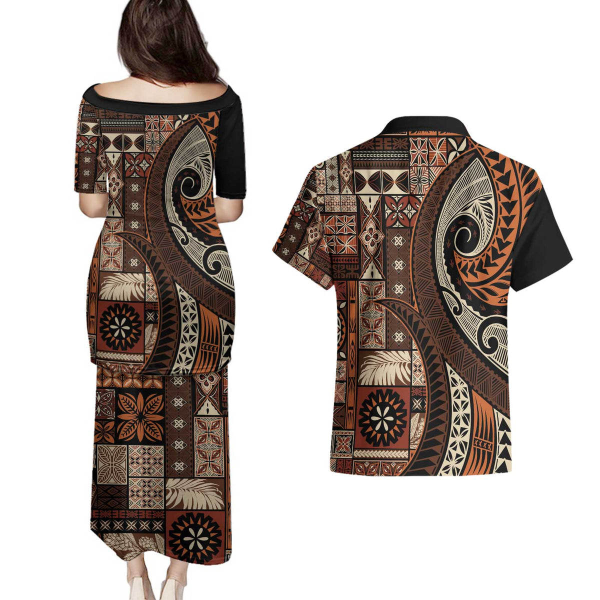 Vintage Samoa Siapo Mamanu Couples Matching Puletasi and Hawaiian Shirt Brown Samoan Tapa Motif - Polynesian Pride