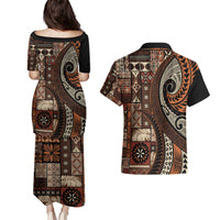 Vintage Samoa Siapo Mamanu Couples Matching Puletasi and Hawaiian Shirt Brown Samoan Tapa Motif - Polynesian Pride