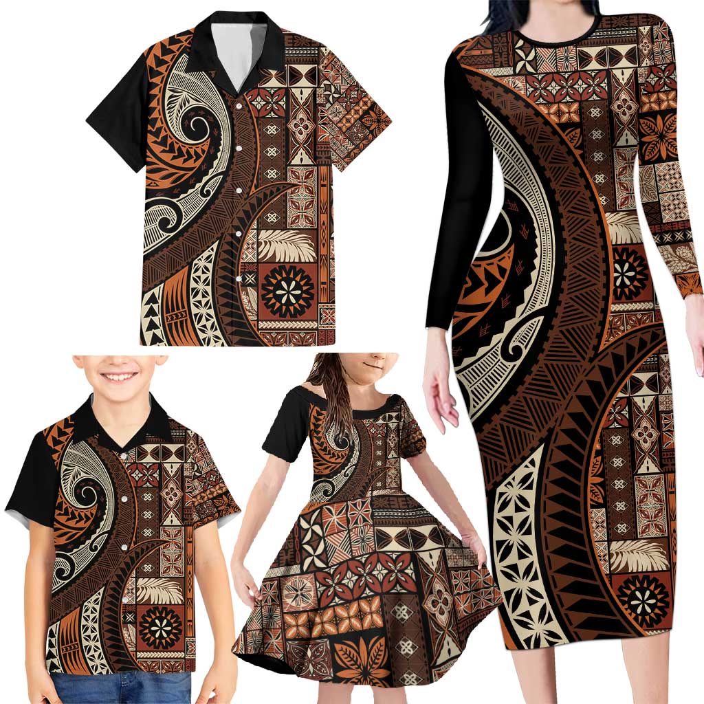 Vintage Samoa Siapo Mamanu Family Matching Long Sleeve Bodycon Dress and Hawaiian Shirt Brown Samoan Tapa Motif - Polynesian Pride