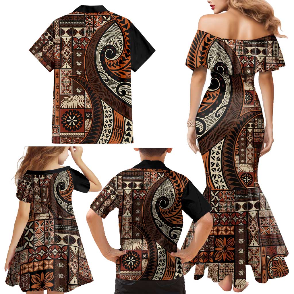 Vintage Samoa Siapo Mamanu Family Matching Mermaid Dress and Hawaiian Shirt Brown Samoan Tapa Motif LT9 - Polynesian Pride