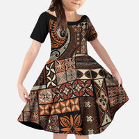 Vintage Samoa Siapo Mamanu Family Matching Off The Shoulder Long Sleeve Dress and Hawaiian Shirt Brown Samoan Tapa Motif LT9 Daughter's Dress Brown - Polynesian Pride