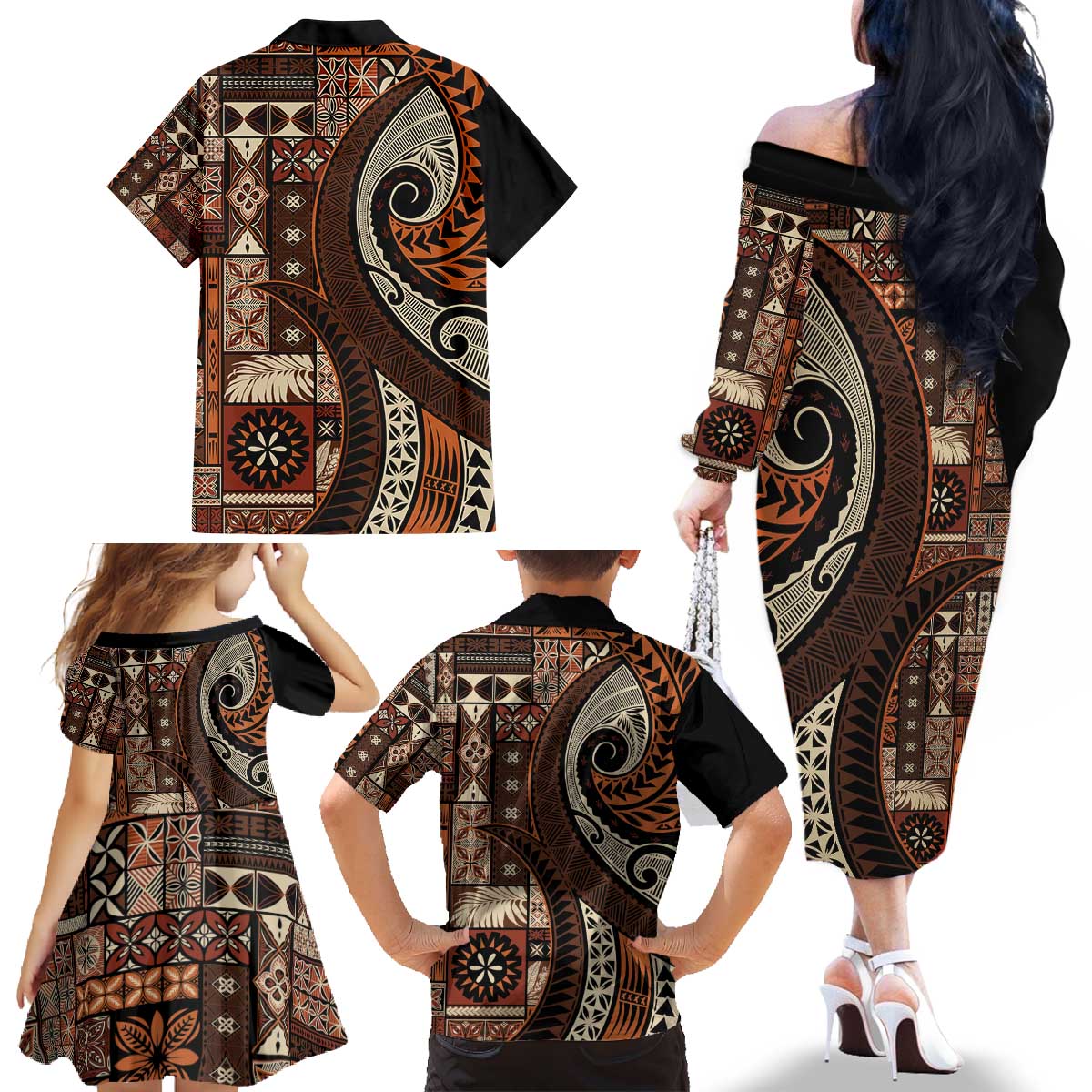 Vintage Samoa Siapo Mamanu Family Matching Off The Shoulder Long Sleeve Dress and Hawaiian Shirt Brown Samoan Tapa Motif LT9 - Polynesian Pride