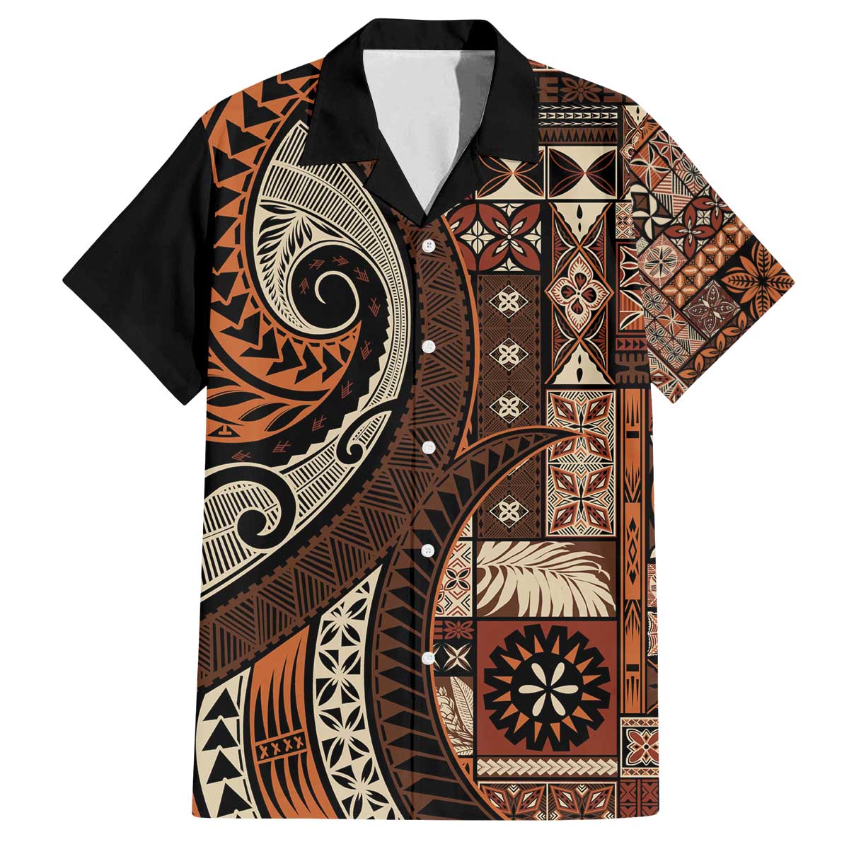 Vintage Samoa Siapo Mamanu Family Matching Off The Shoulder Long Sleeve Dress and Hawaiian Shirt Brown Samoan Tapa Motif LT9 Dad's Shirt - Short Sleeve Brown - Polynesian Pride