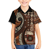 Vintage Samoa Siapo Mamanu Family Matching Off The Shoulder Long Sleeve Dress and Hawaiian Shirt Brown Samoan Tapa Motif LT9 Son's Shirt Brown - Polynesian Pride
