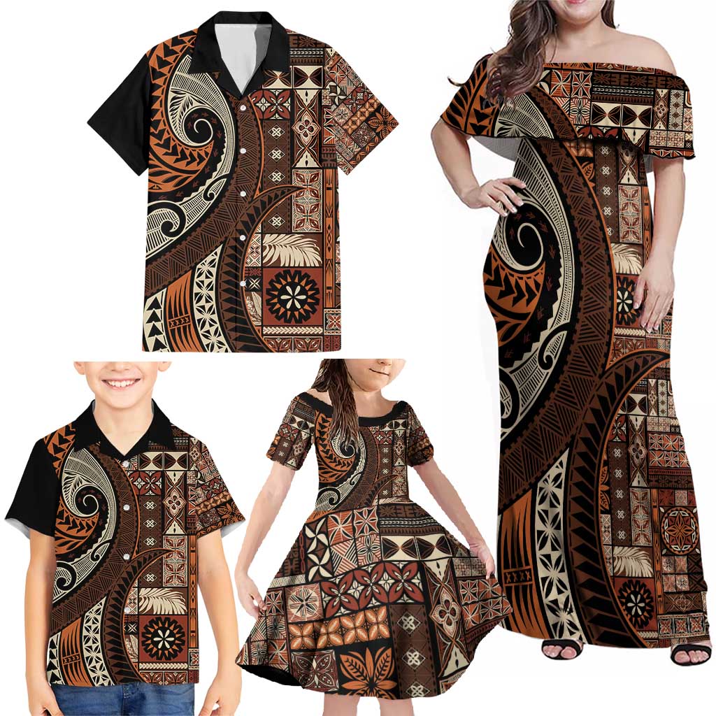 Vintage Samoa Siapo Mamanu Family Matching Off Shoulder Maxi Dress and Hawaiian Shirt Brown Samoan Tapa Motif LT9 - Polynesian Pride