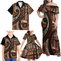 Vintage Samoa Siapo Mamanu Family Matching Off Shoulder Maxi Dress and Hawaiian Shirt Brown Samoan Tapa Motif LT9 - Polynesian Pride