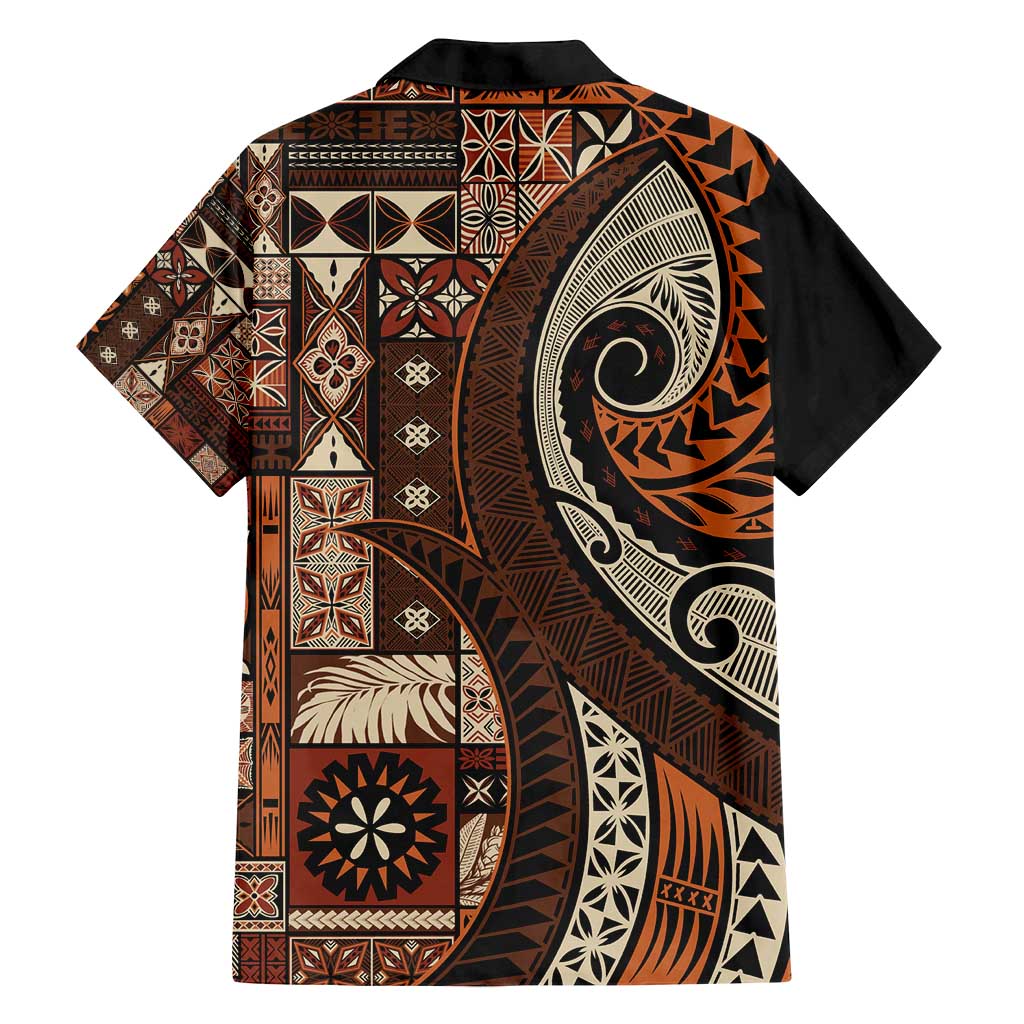 Vintage Samoa Siapo Mamanu Family Matching Off Shoulder Maxi Dress and Hawaiian Shirt Brown Samoan Tapa Motif LT9 - Polynesian Pride