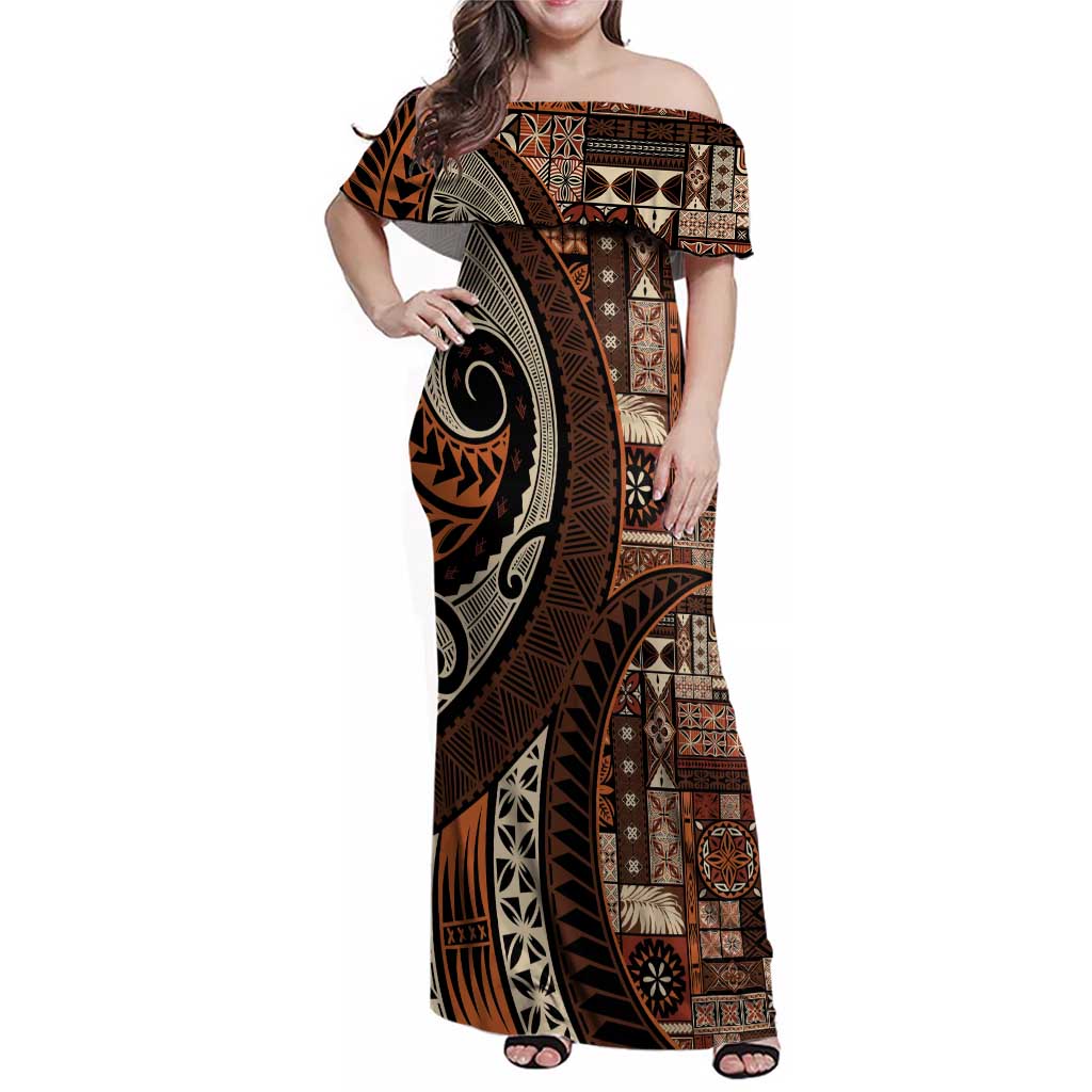 Vintage Samoa Siapo Mamanu Family Matching Off Shoulder Maxi Dress and Hawaiian Shirt Brown Samoan Tapa Motif LT9 Mom's Dress Brown - Polynesian Pride