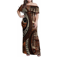 Vintage Samoa Siapo Mamanu Family Matching Off Shoulder Maxi Dress and Hawaiian Shirt Brown Samoan Tapa Motif LT9 Mom's Dress Brown - Polynesian Pride