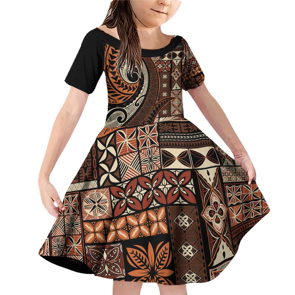 Vintage Samoa Siapo Mamanu Family Matching Off Shoulder Short Dress and Hawaiian Shirt Brown Samoan Tapa Motif LT9 Daughter's Dress Brown - Polynesian Pride
