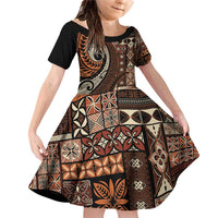 Vintage Samoa Siapo Mamanu Family Matching Off Shoulder Short Dress and Hawaiian Shirt Brown Samoan Tapa Motif LT9 Daughter's Dress Brown - Polynesian Pride