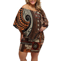 Vintage Samoa Siapo Mamanu Family Matching Off Shoulder Short Dress and Hawaiian Shirt Brown Samoan Tapa Motif LT9 Mom's Dress Brown - Polynesian Pride