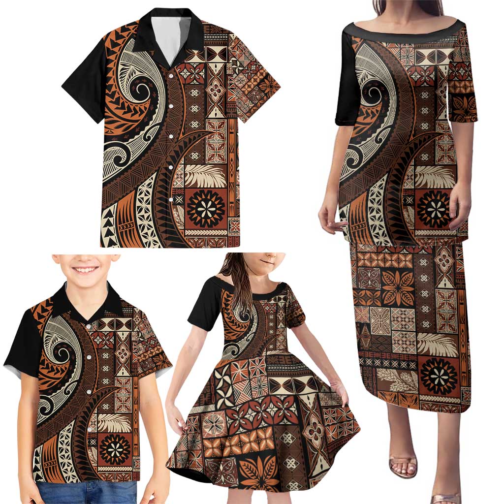 Vintage Samoa Siapo Mamanu Family Matching Puletasi and Hawaiian Shirt Brown Samoan Tapa Motif LT9 - Polynesian Pride